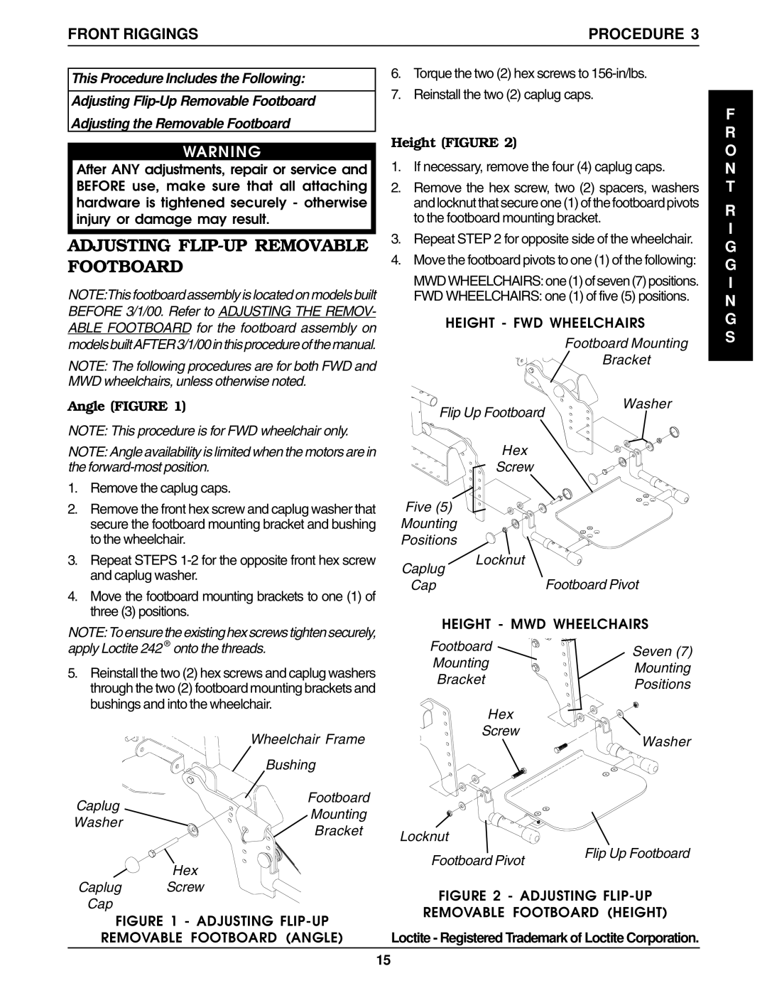 Invacare Ranger II250 SERIES Adjusting FLIP-UP Removable Footboard, Front Riggings Procedure, O N T I N G S, Angle Figure 