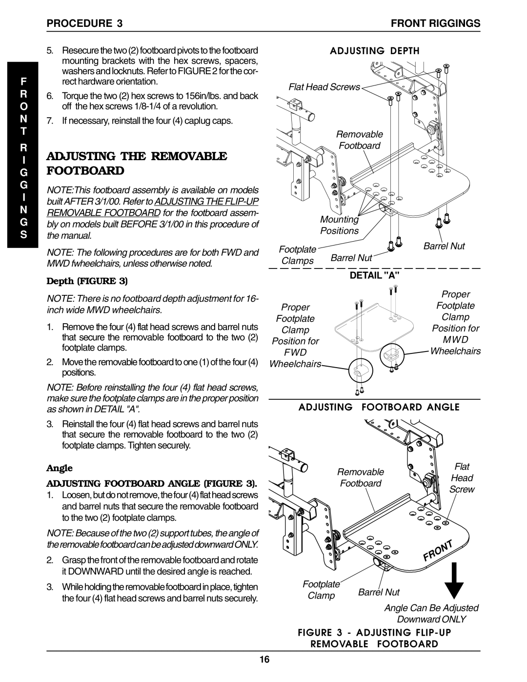 Invacare Ranger IIJR, Ranger IISTANDARD Adjusting the Removable Footboard, Procedure Front Riggings, Depth Figure, Angle 