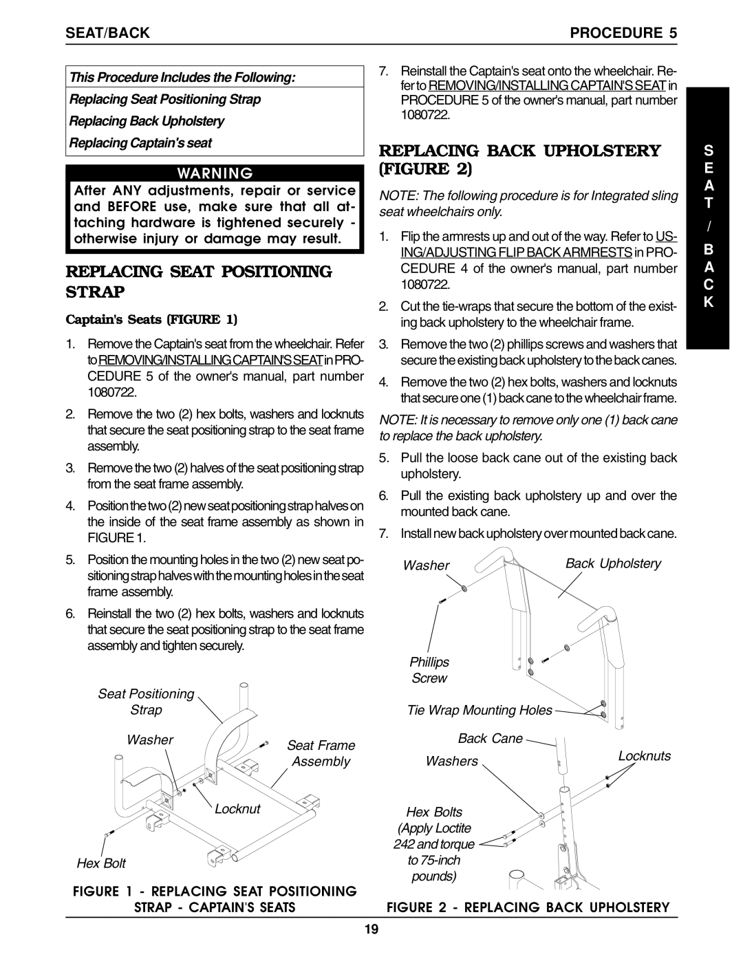 Invacare Ranger II250 SERIES Replacing Seat Positioning Strap, Replacing Back Upholstery Figure, SEAT/BACK Procedure 