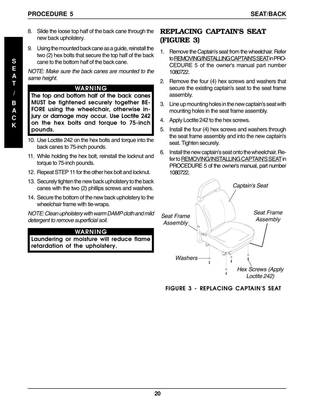 Invacare Ranger IIJR, Ranger IISTANDARD Replacing Captains Seat Figure, Assembly Washers Hex Screws Apply Loctite 