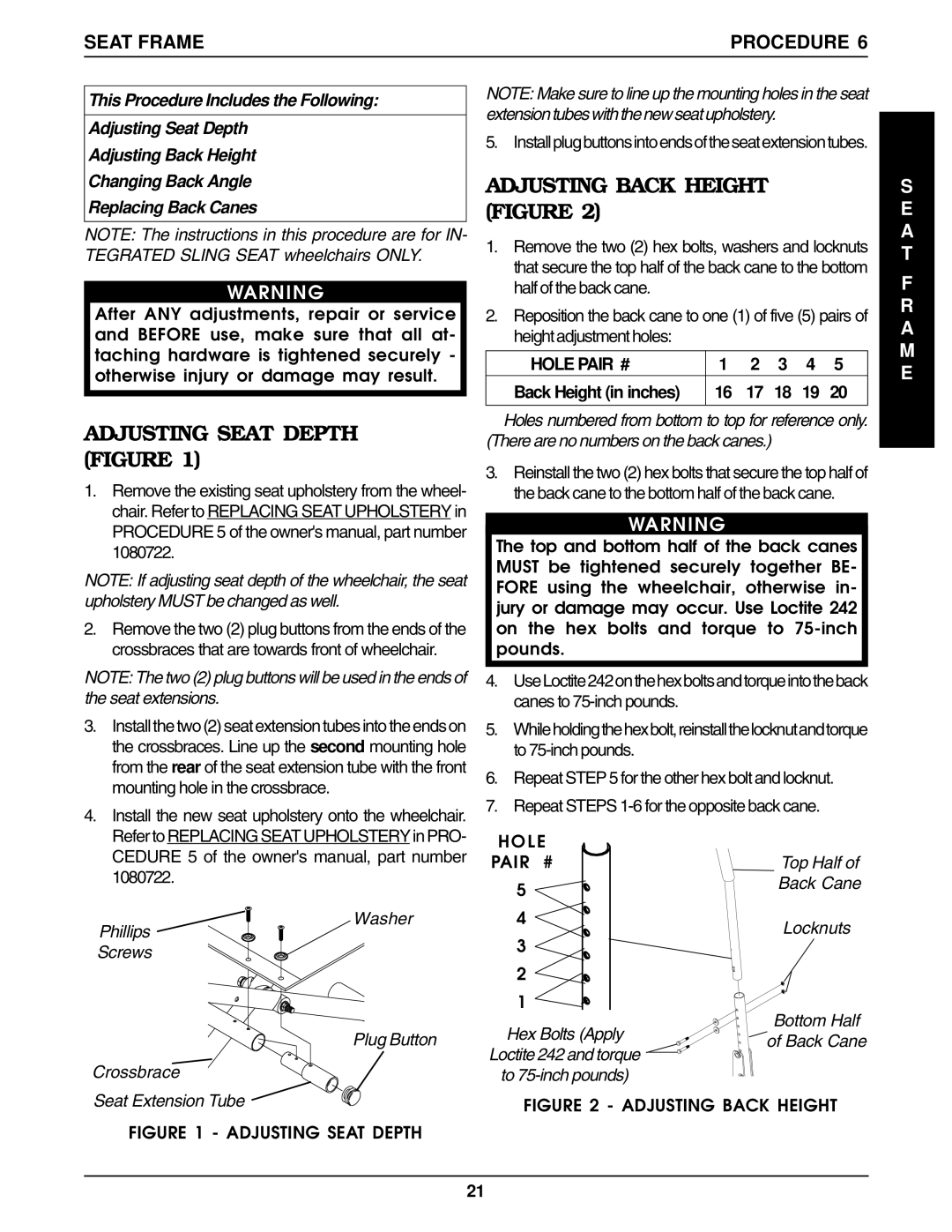 Invacare Ranger IISTANDARD Adjusting Seat Depth Figure, Adjusting Back Height Figure, Seat Frame Procedure, A T M E 