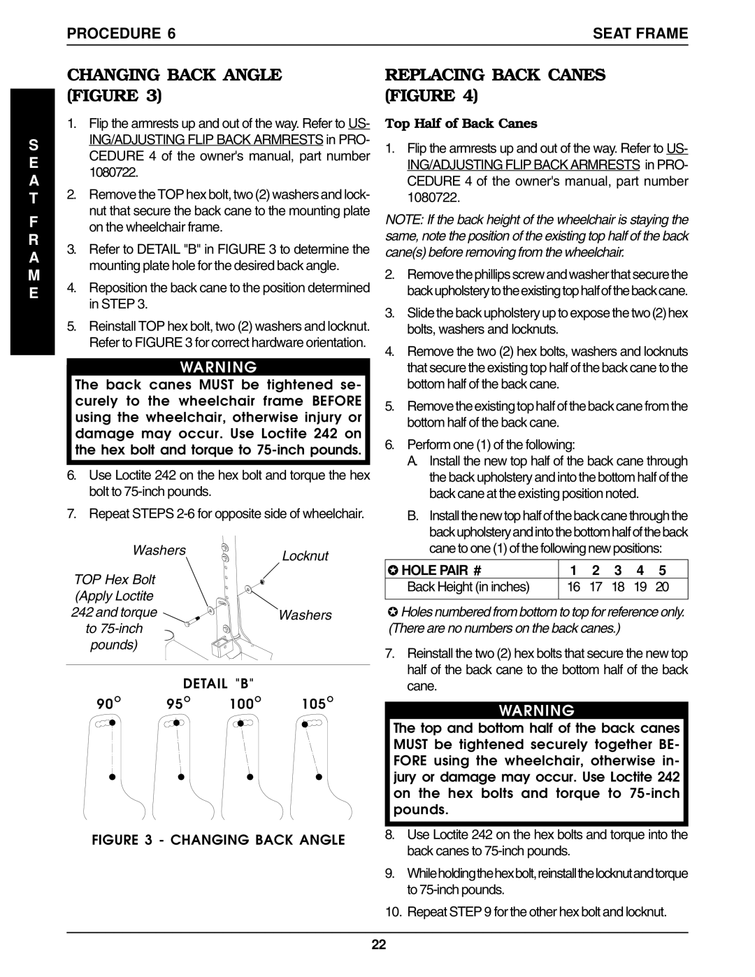 Invacare Ranger IIBASIC Changing Back Angle Figure, Replacing Back Canes Figure, Detail B, Top Half of Back Canes 