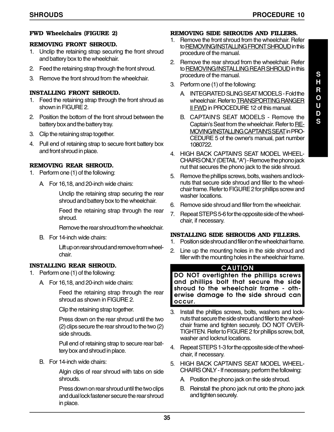 Invacare Ranger II250 SERIES, Ranger IIJR, Ranger IISTANDARD, Ranger IIBASIC service manual Shrouds Procedure 