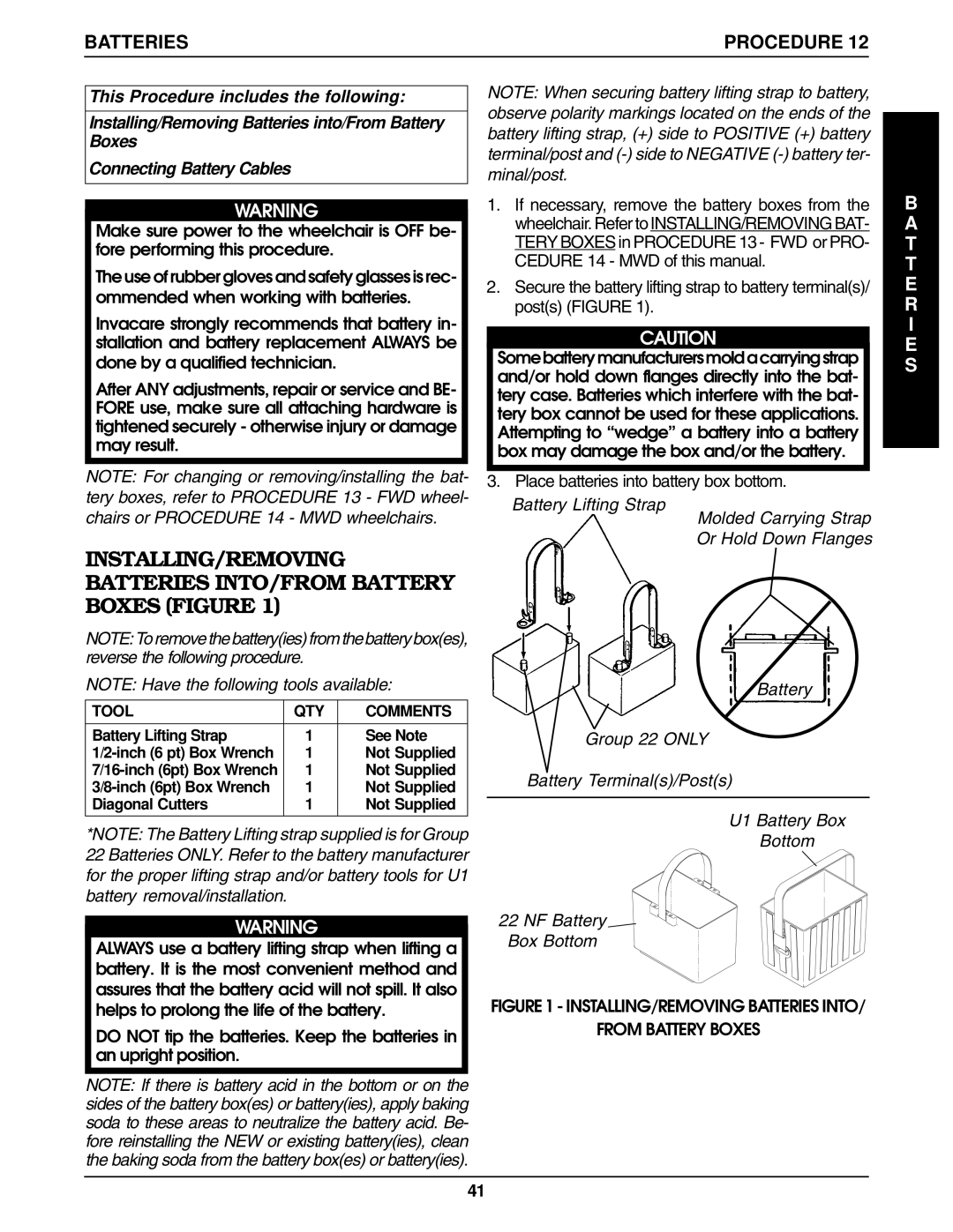 Invacare Ranger IISTANDARD, Ranger IIJR, Ranger IIBASIC, Ranger II250 SERIES service manual Batteries, T T E R I E S 