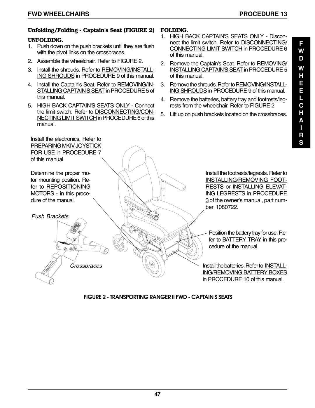 Invacare Ranger II250 SERIES FWD Wheelchairs, Unfolding/Folding Captains Seat Figure, Push Brackets Crossbraces 