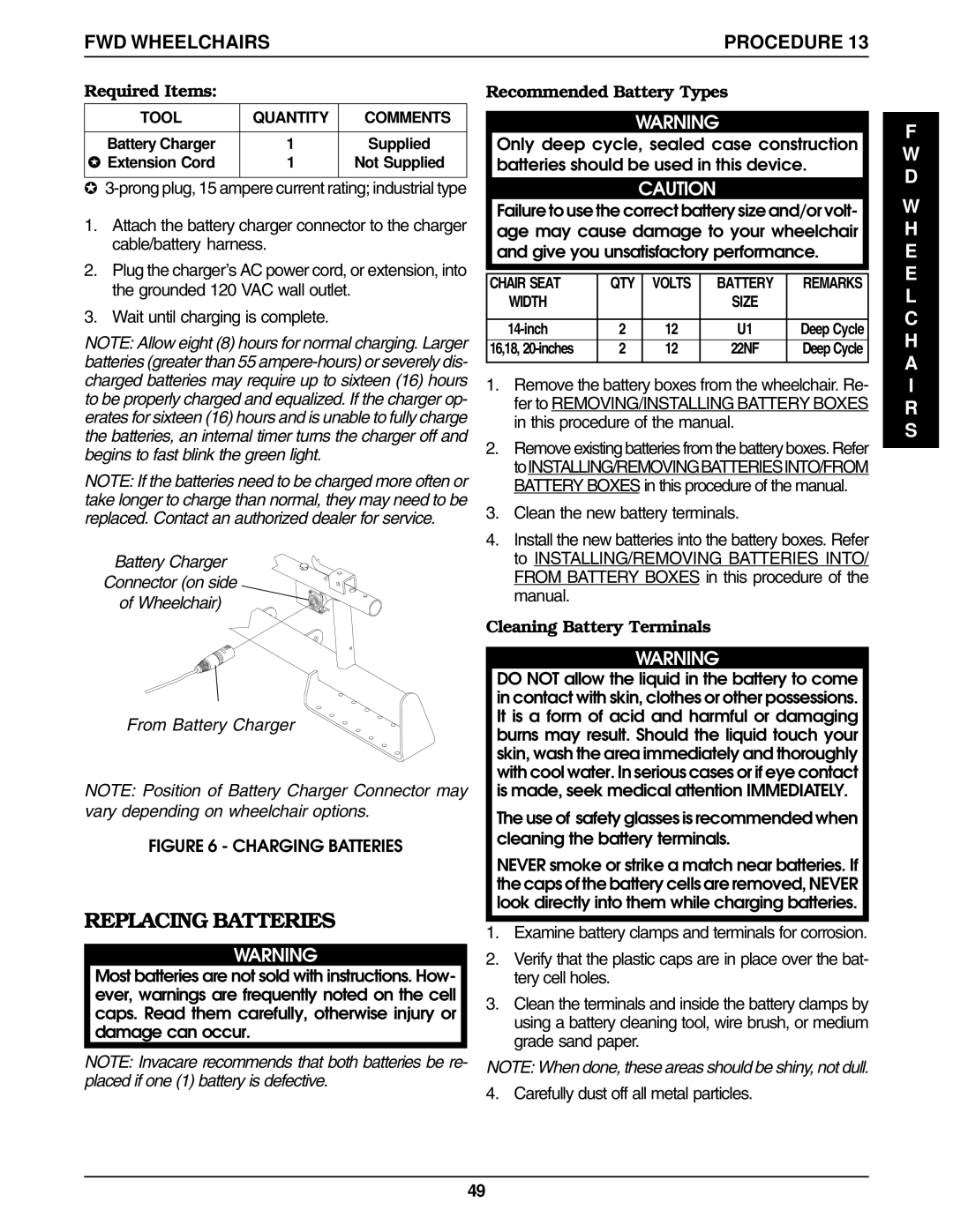 Invacare Ranger IISTANDARD Replacing Batteries, Required Items, Wait until charging is complete, Recommended Battery Types 