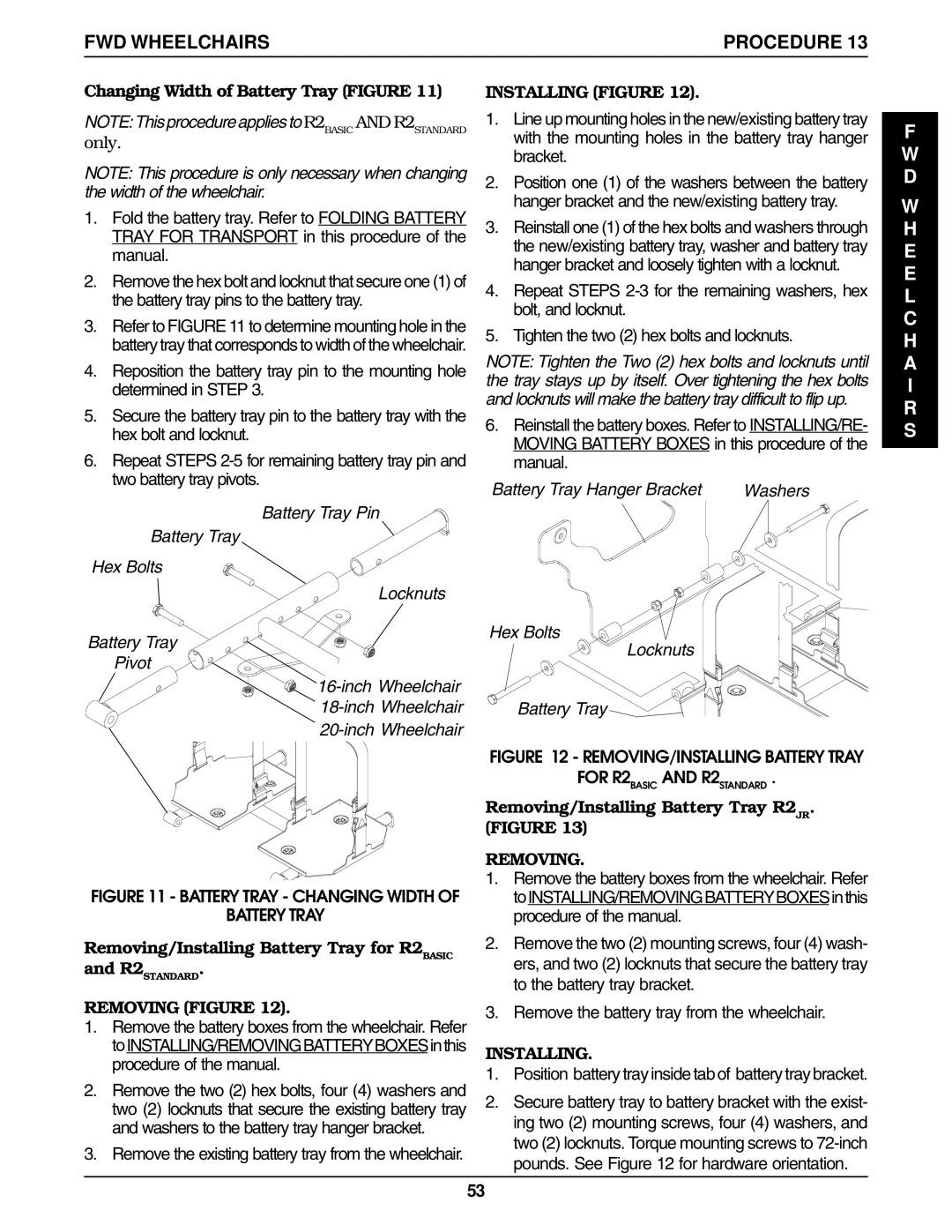 Invacare Ranger IISTANDARD Changing Width of Battery Tray Figure, Removing/Installing Battery Tray for R2BASIC 