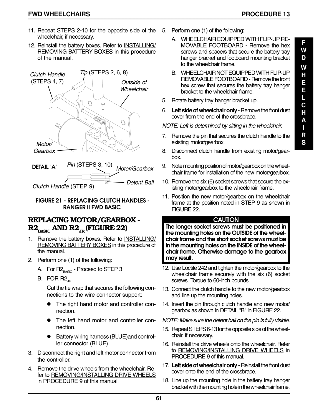 Invacare Ranger IISTANDARD Tip Steps 2, 6, Pin Steps 3, Clutch Handle Step, Rotate battery tray hanger bracket up 