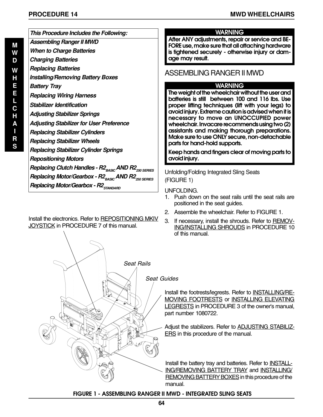 Invacare Ranger IIJR Assembling Ranger II MWD, Unfolding/Folding Integrated Sling Seats Figure, Seat Rails Seat Guides 