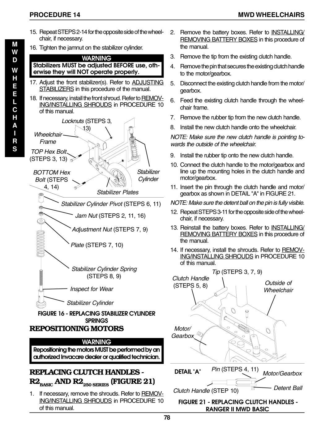 Invacare Ranger IIBASIC, Ranger IIJR Repositioning Motors, Replacing Clutch Handles R2BASIC and R2250 Series Figure 