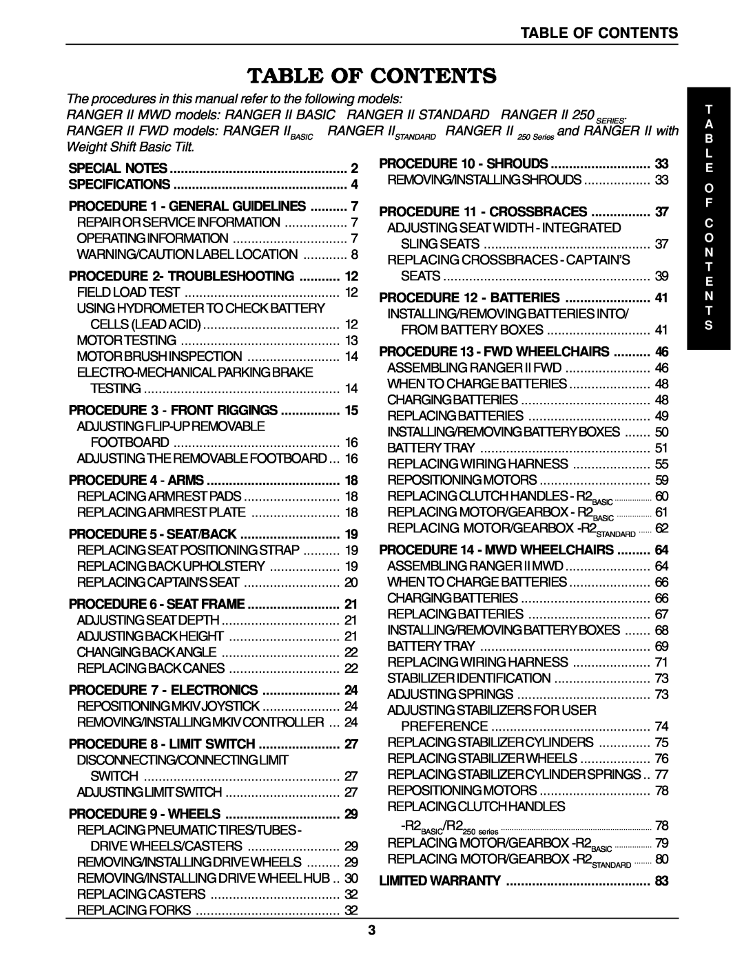 Invacare Ranger II250 SERIES, Ranger IIJR Table Of Contents, The procedures in this manual refer to the following models 
