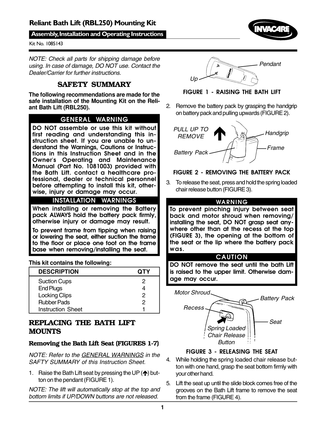 Invacare 1085143, RBL250, 1081003 operating instructions Safety Summary, Replacing the Bath Lift Mounts, Pull UP to 