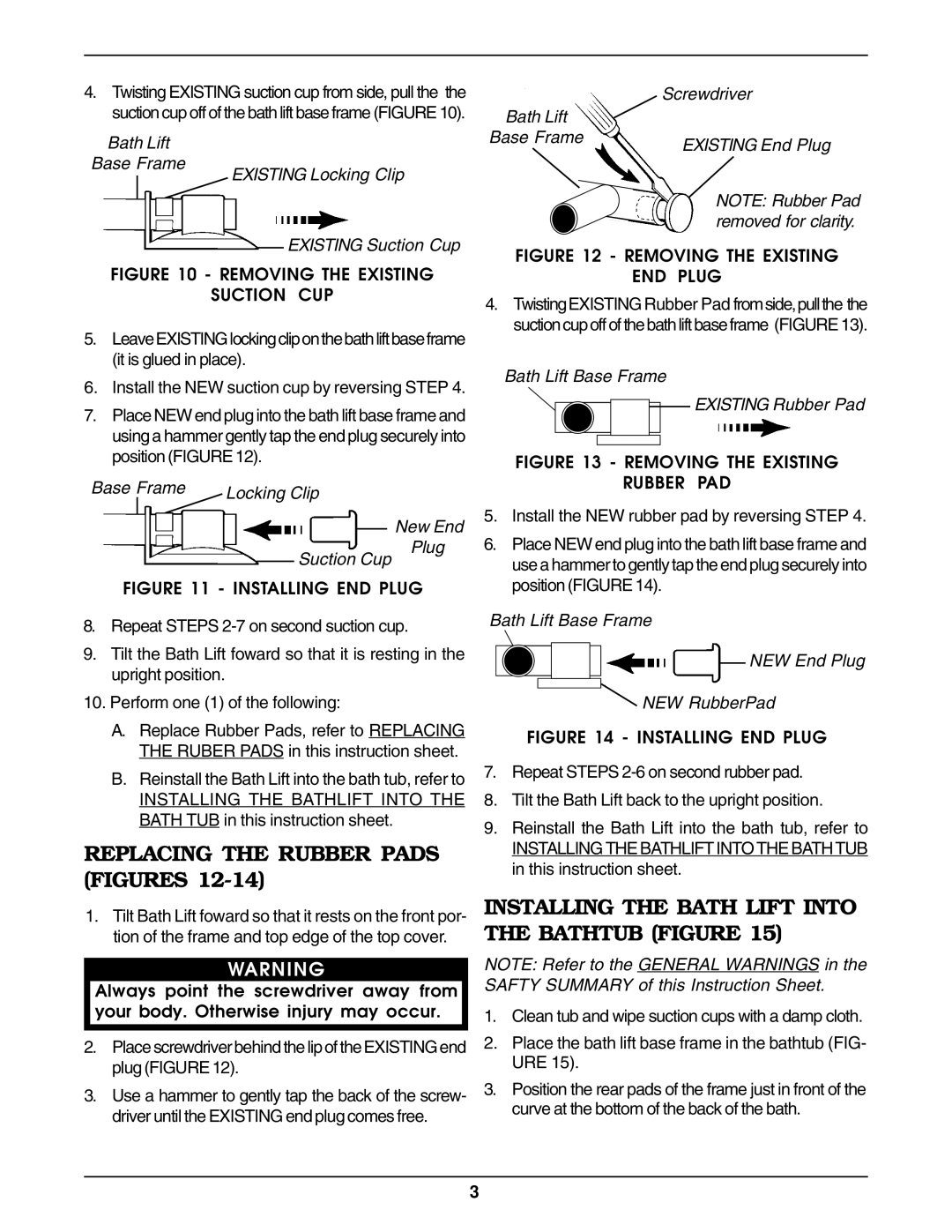 Invacare RBL250 Replacing the Rubber Pads Figures, Installing the Bath Lift Into the Bathtub Figure, Suction Cup Plug 