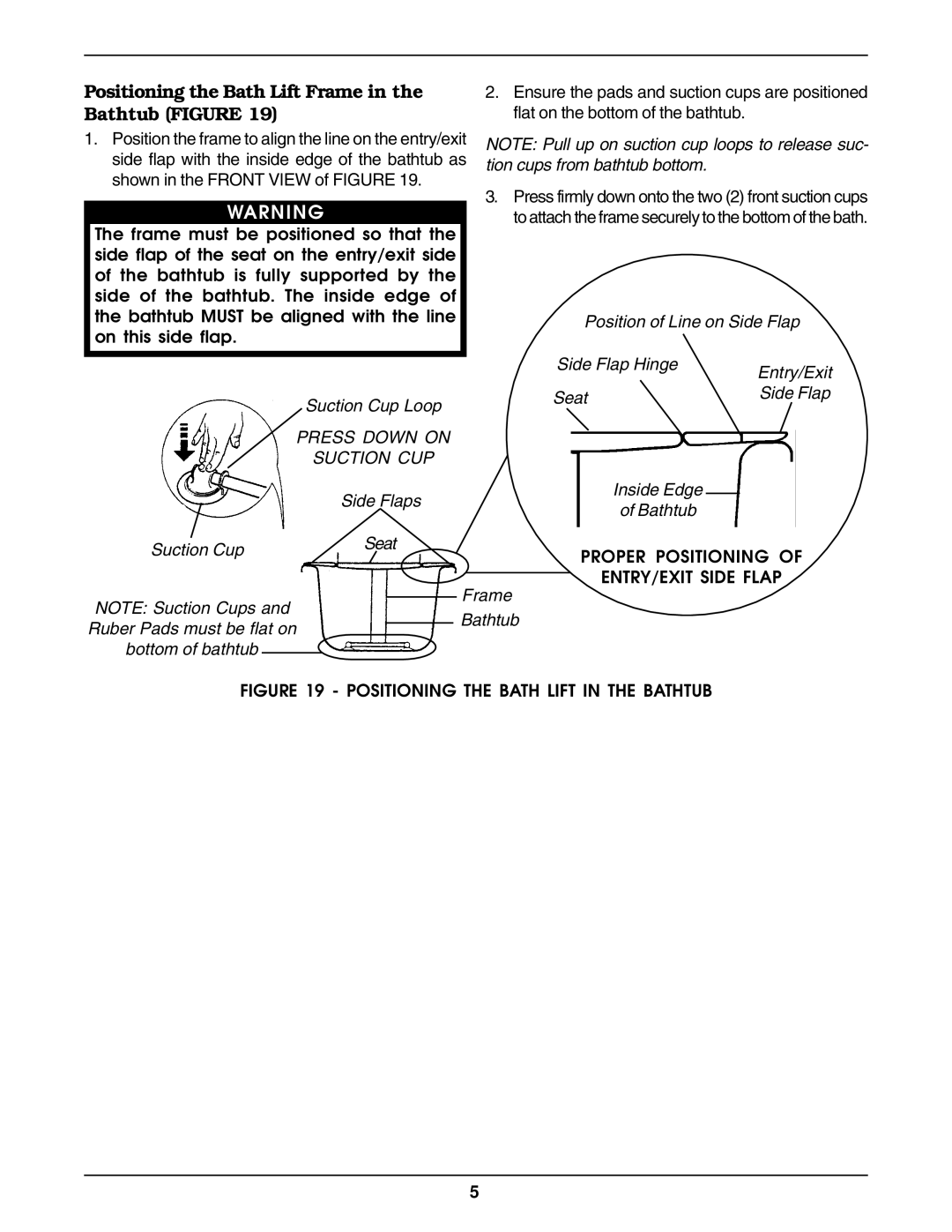 Invacare 1081003, RBL250, 1085143 Positioning the Bath Lift Frame, Bathtub Figure, Press Down on Suction CUP 