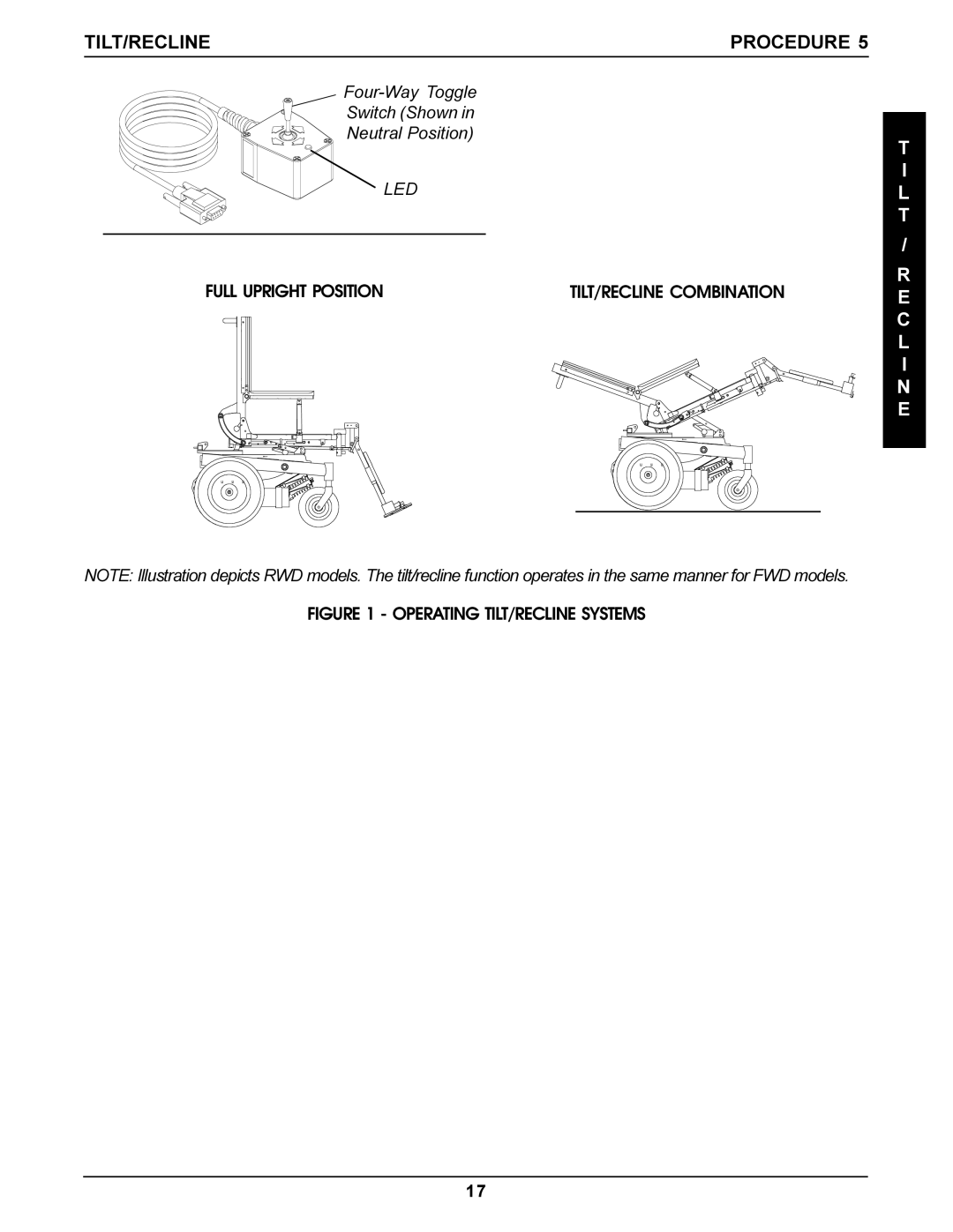 Invacare Recline manual TILT/RECLINE Procedure, Operating TILT/RECLINE Systems 