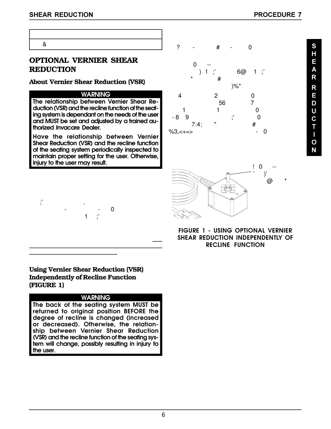 Invacare Recline manual Optional Vernier Shear Reduction, Shear Reduction Procedure, About Vernier Shear Reduction VSR 