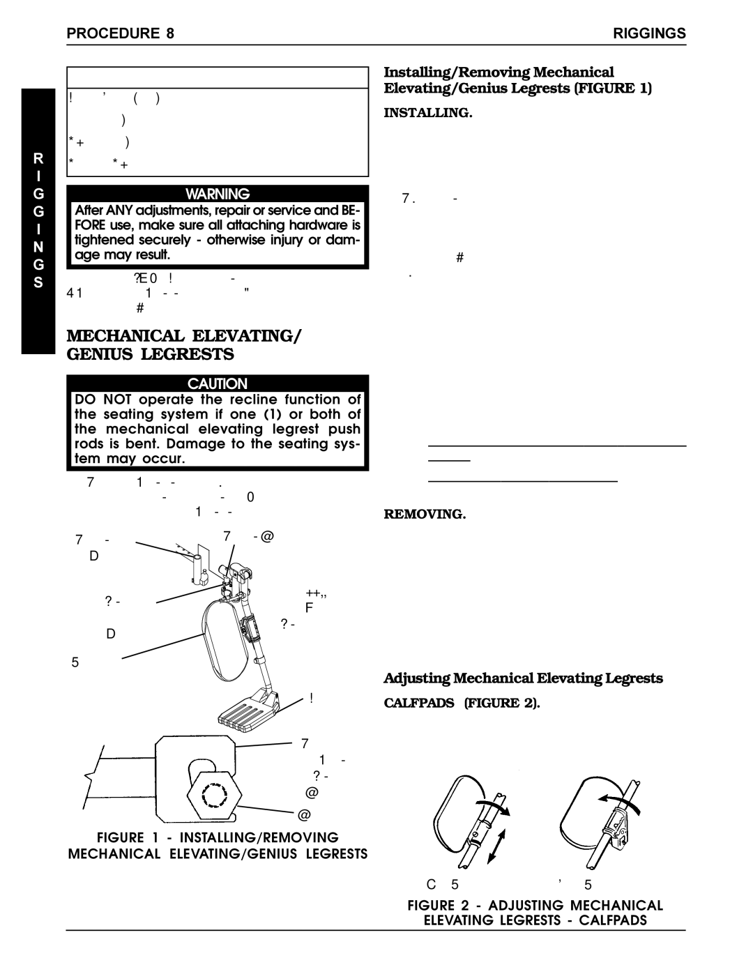 Invacare Recline manual Mechanical ELEVATING/ Genius Legrests, Procedure Riggings, I N G S 