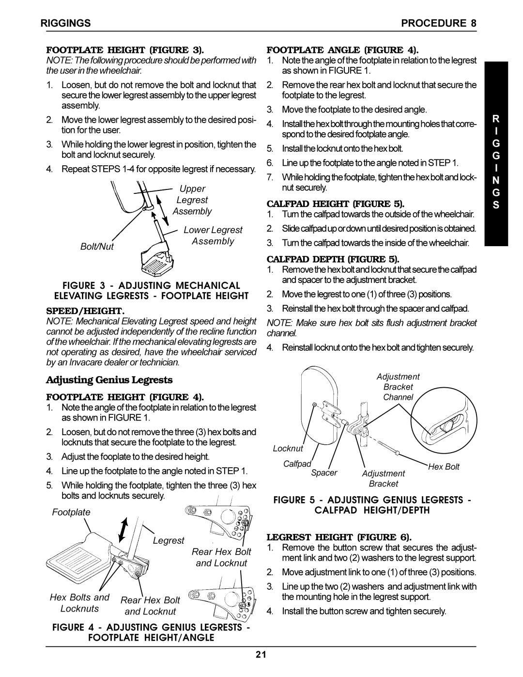 Invacare Recline manual Riggings Procedure, Adjusting Genius Legrests 