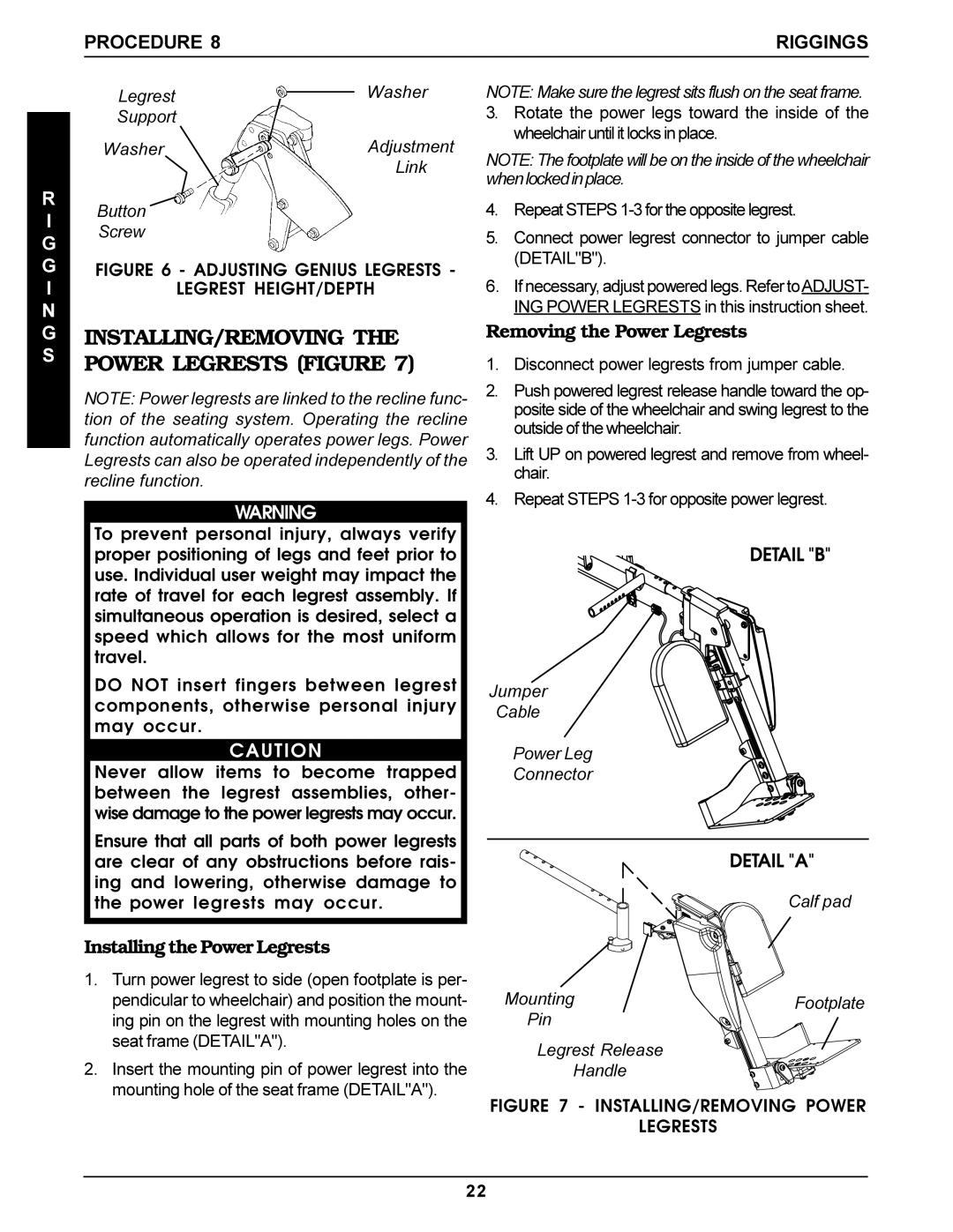 Invacare Recline manual INSTALLING/REMOVING the S Power Legrests Figure, Removing the Power Legrests 