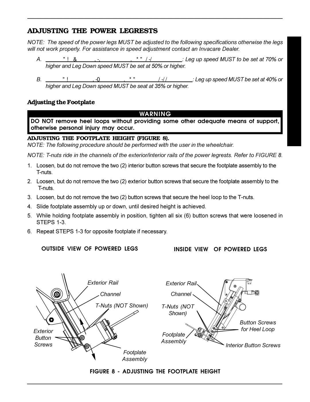 Invacare Recline manual Adjusting the Power Legrests, Adjusting the Footplate Height Figure 