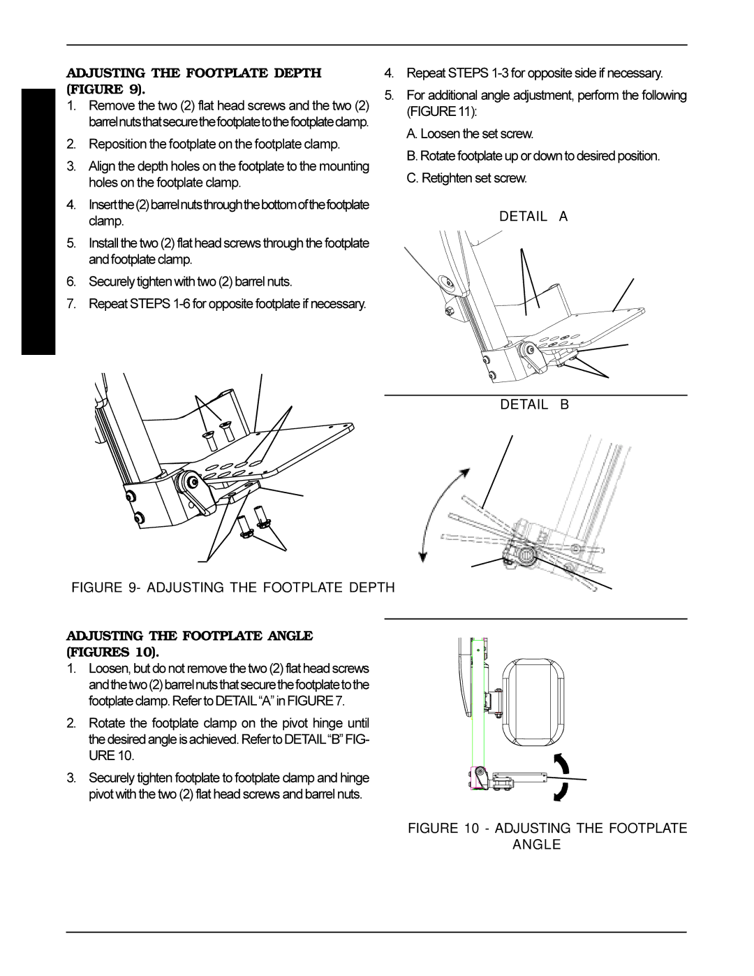 Invacare Recline manual Adjusting the Footplate Depth Figure, Detail a, Adjusting the Footplate Angle Figures 