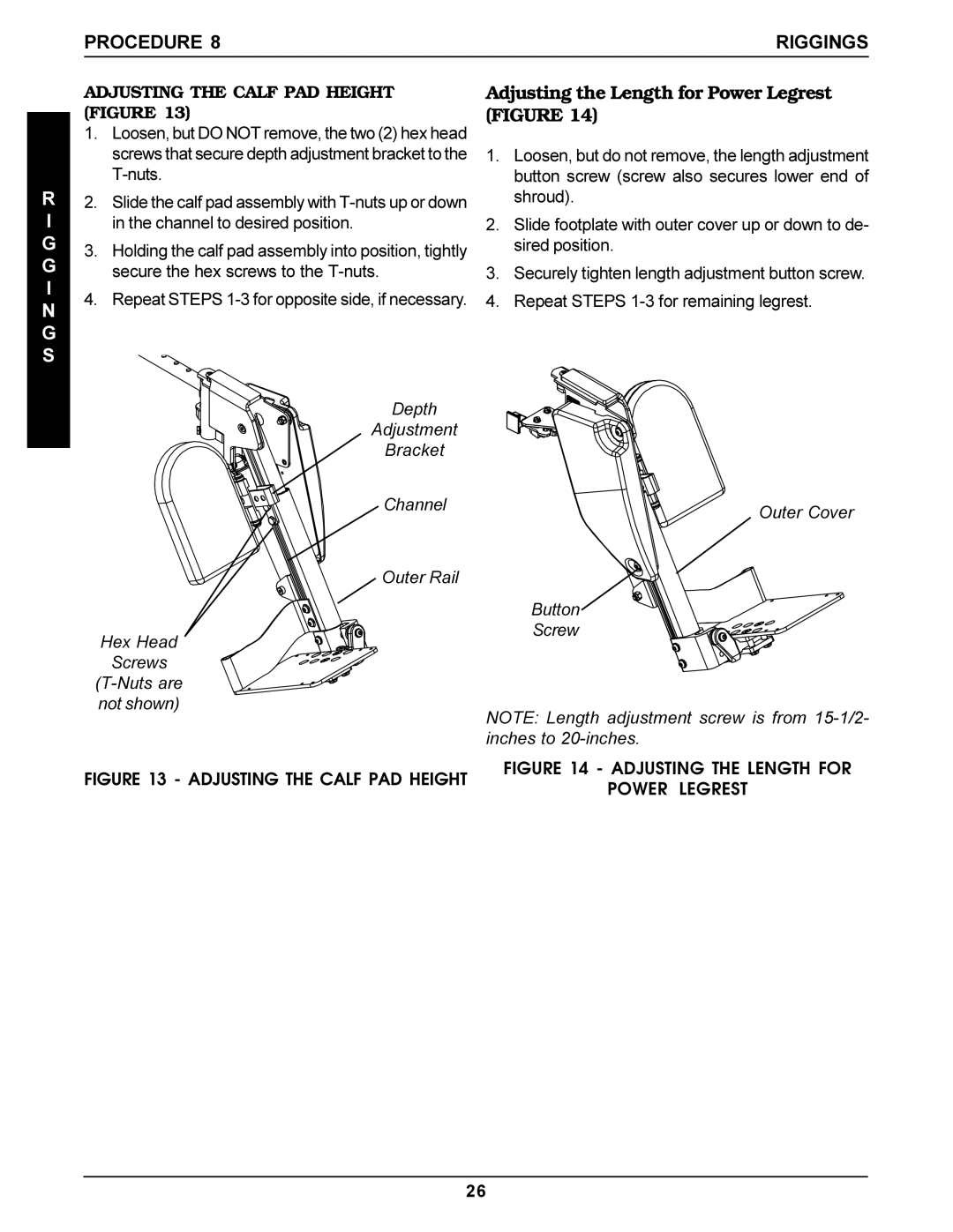 Invacare Recline manual Adjusting the Length for Power Legrest Figure, Adjusting the Calf PAD Height Figure 