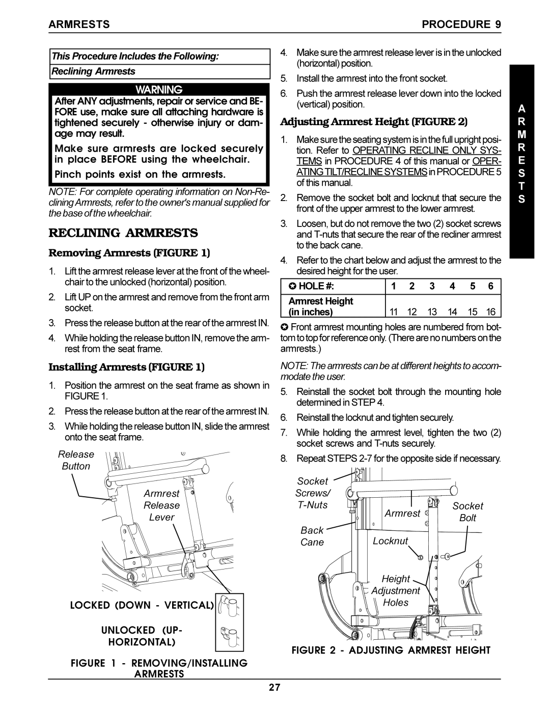 Invacare Recline manual Reclining Armrests, Armrests Procedure, M R E S T S 