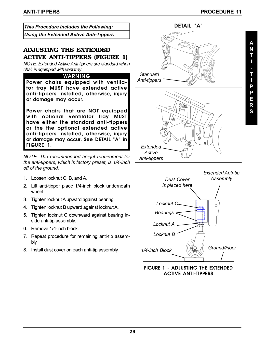 Invacare Recline manual Adjusting the Extended Active ANTI-TIPPERS Figure, Anti-Tippers, Detail a, E R S 