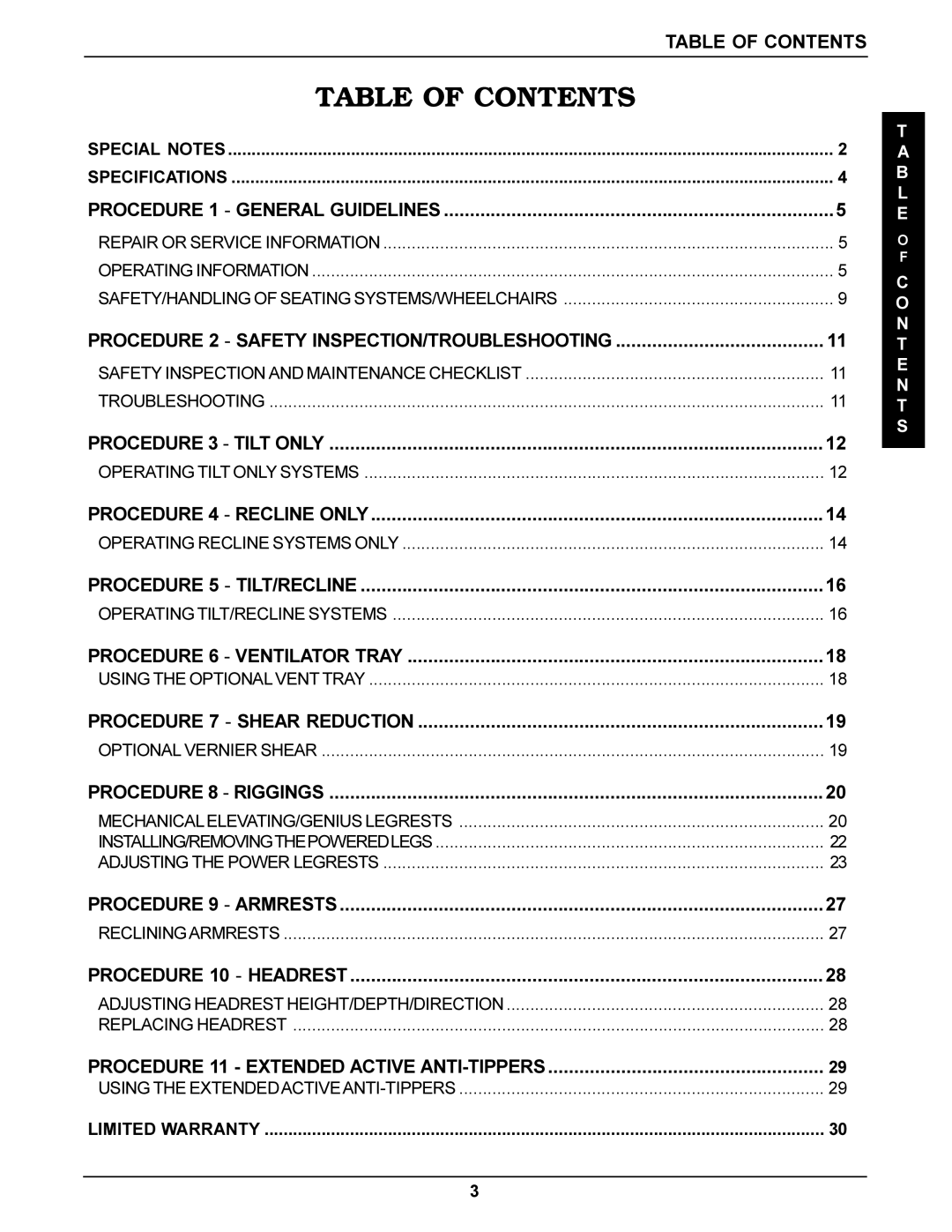 Invacare Recline manual Table of Contents 