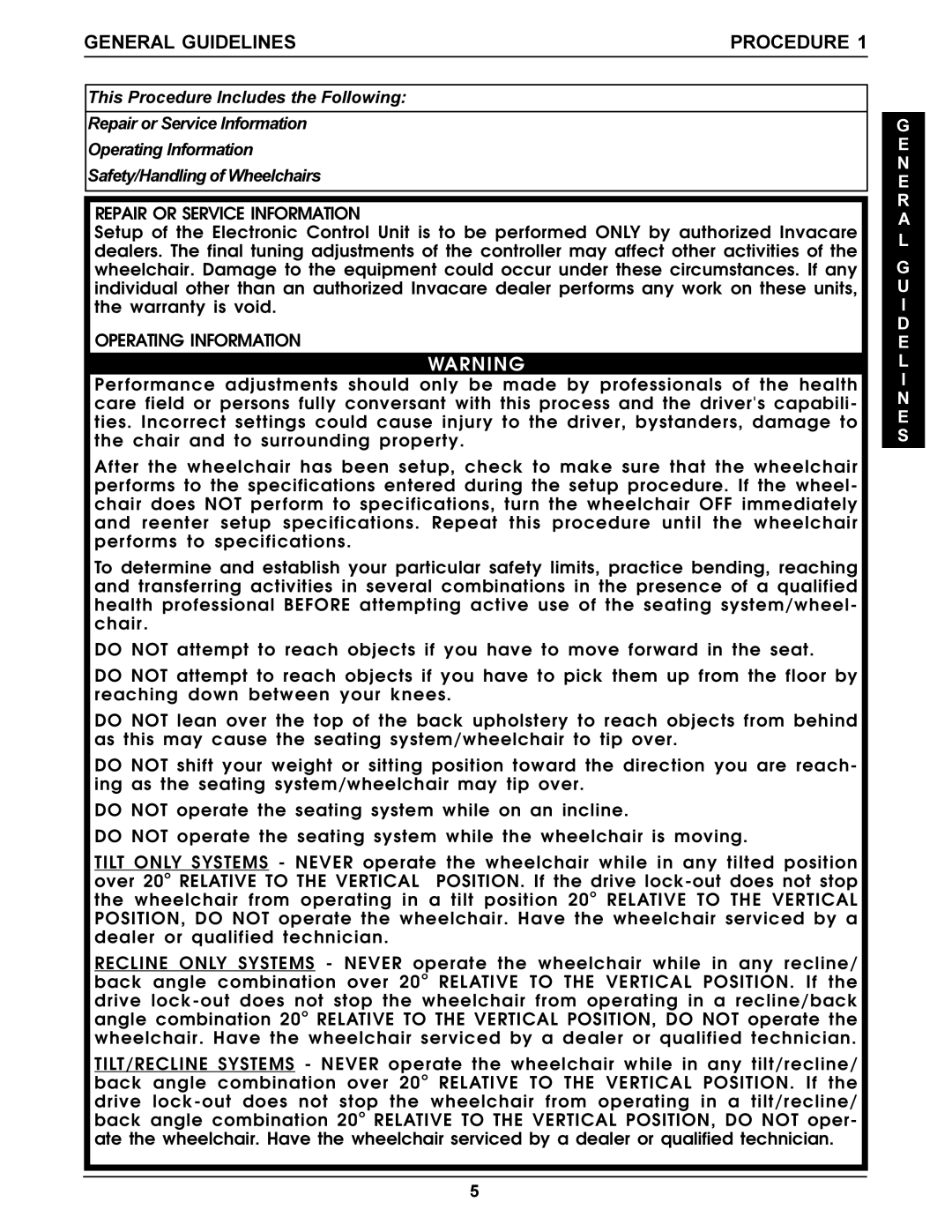 Invacare Recline manual General Guidelines Procedure, Repair or Service Information, Operating Information 