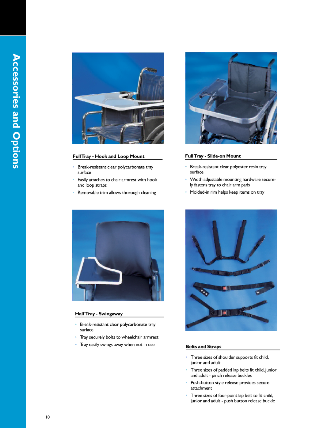 Invacare Rehab manual Accessories and Options, FullTray Hook and Loop Mount, Half Tray Swingaway, FullTray Slide-on Mount 