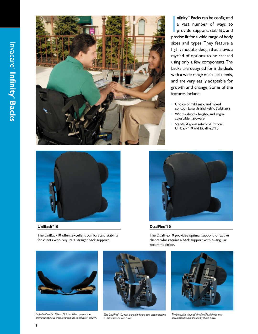 Invacare Rehab manual Invacare Infinity Backs, Width-, depth-, height-, and angle- adjustable hardware, UniBack DualFlex 