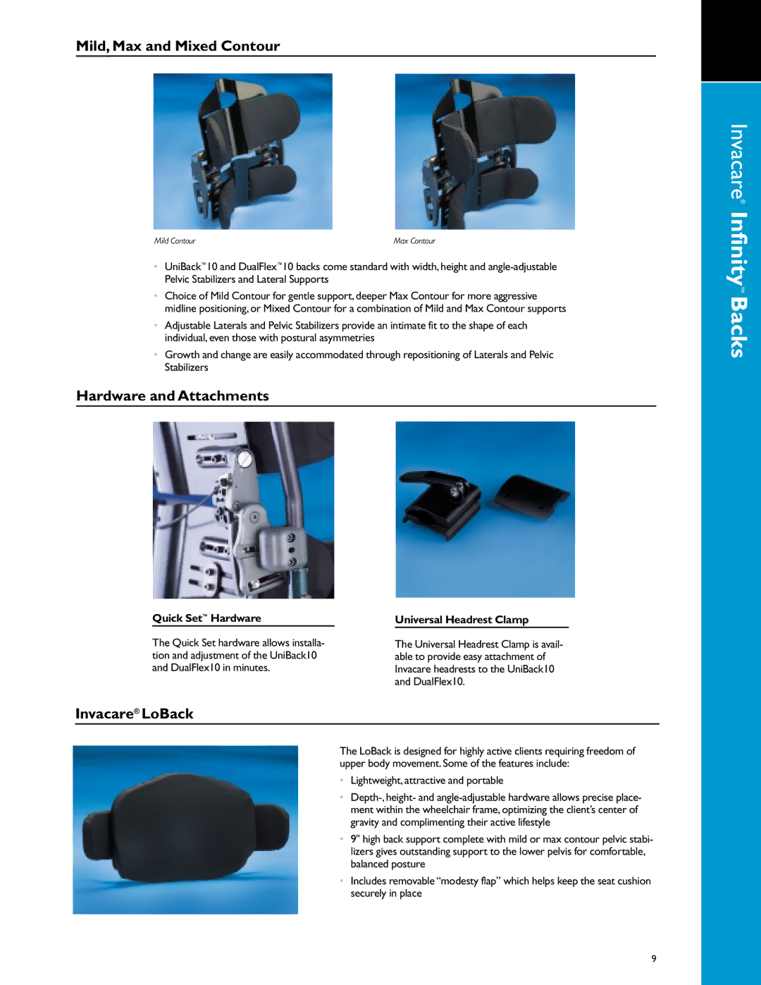 Invacare Rehab manual Mild, Max and Mixed Contour, Hardware and Attachments, Invacare LoBack 