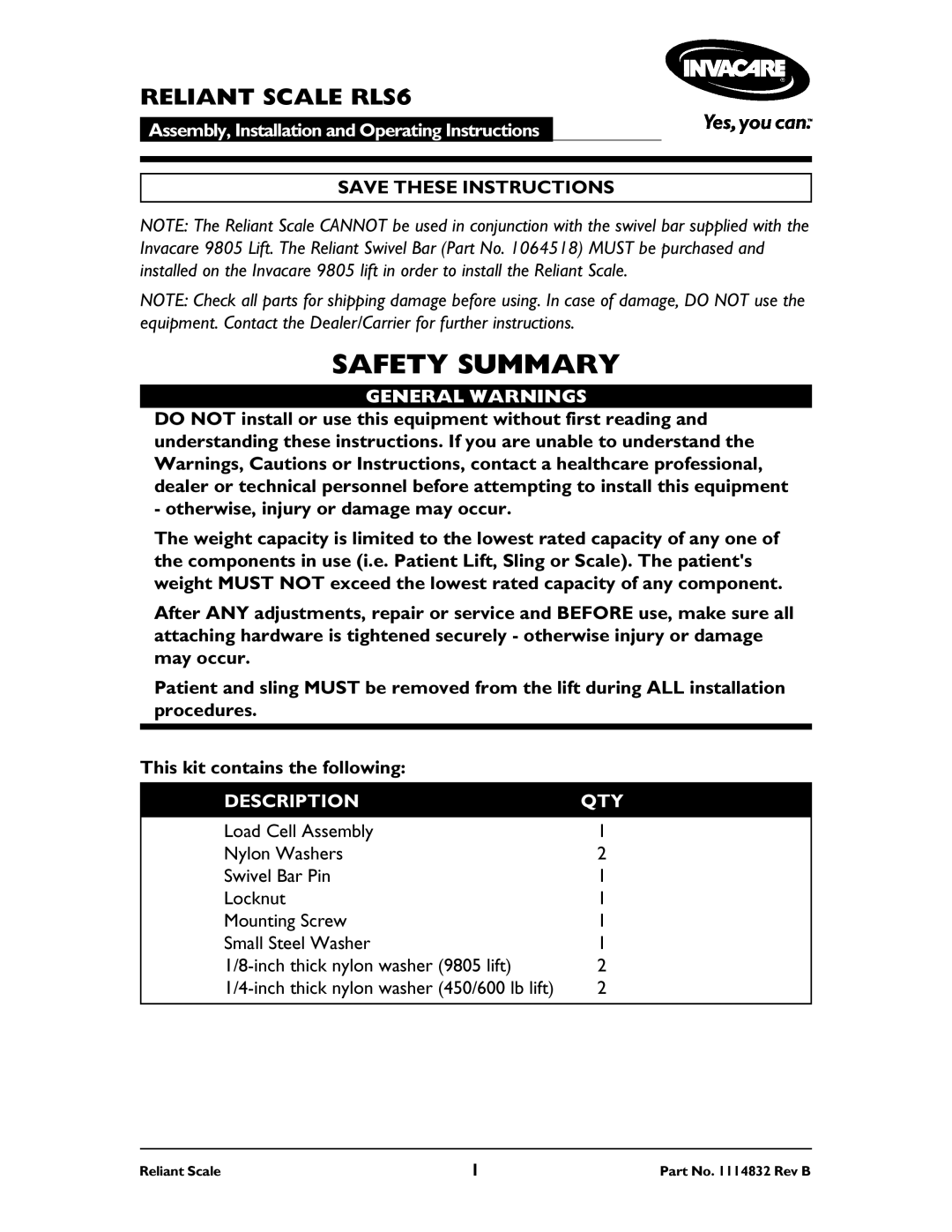 Invacare operating instructions Safety Summary, Reliant Scale RLS6, General Warnings, Description QTY 