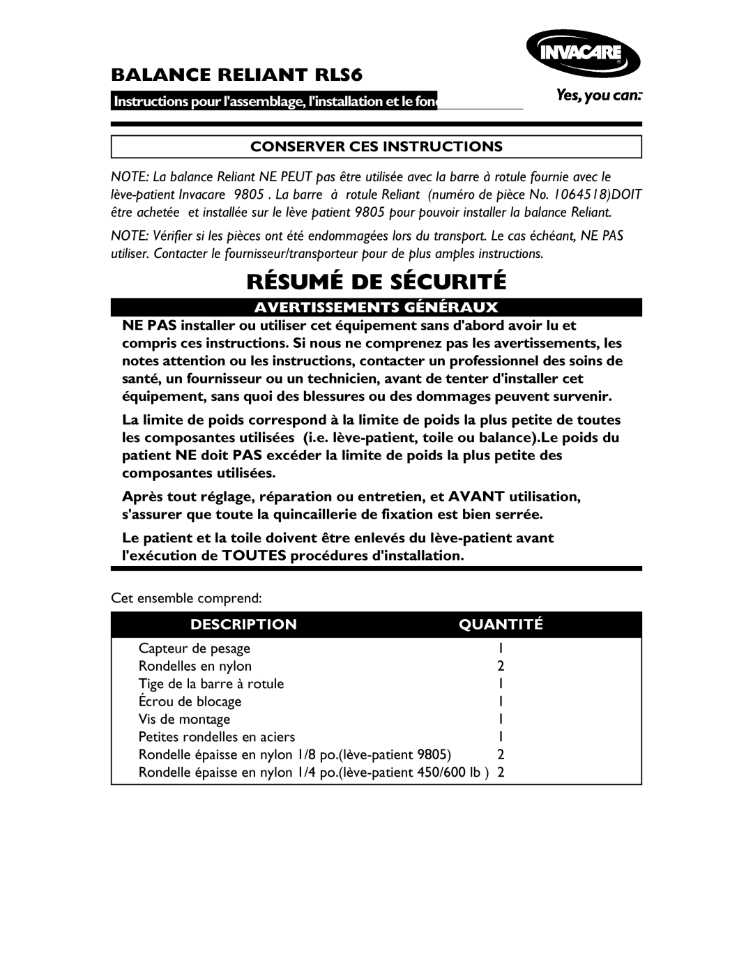 Invacare operating instructions Résumé DE Sécurité, Balance Reliant RLS6, Avertissements Généraux, Description Quantité 