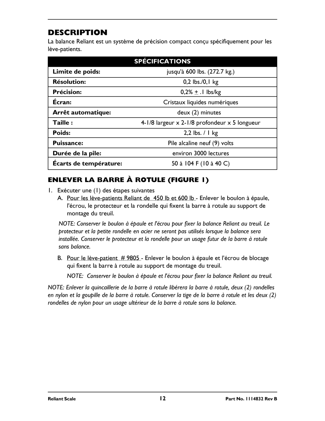 Invacare RLS6 operating instructions Enlever LA Barre À Rotule Figure, Spécifications 