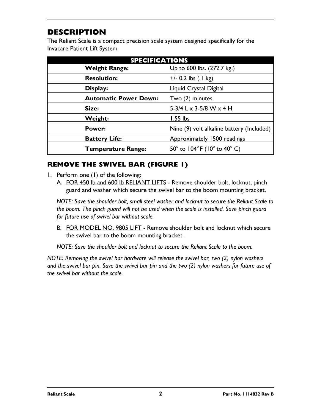 Invacare RLS6 operating instructions Description, Remove the Swivel BAR Figure, Specifications 