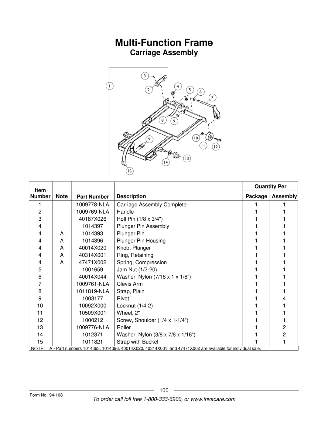 Invacare M3900, RM900, 5M900, 4M900 manual Multi-Function Frame, Carriage Assembly 