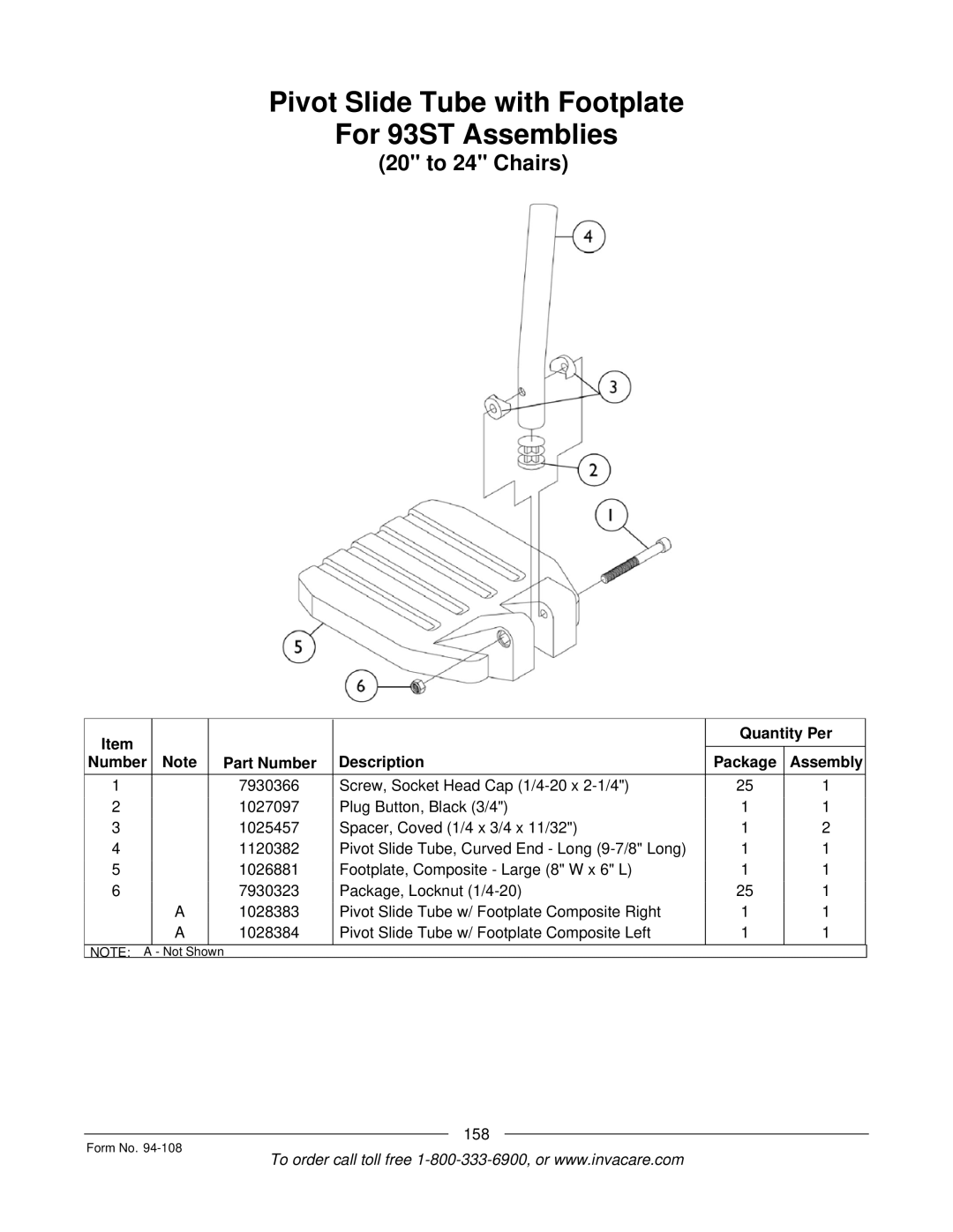 Invacare 4M900, RM900, M3900, 5M900 manual Pivot Slide Tube with Footplate For 93ST Assemblies, 20 to 24 Chairs 