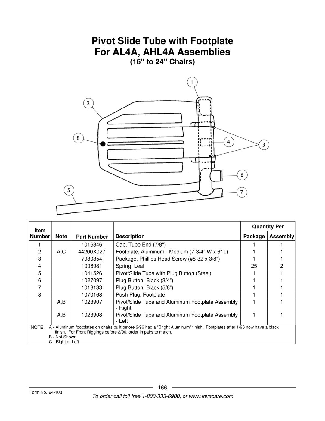 Invacare 4M900, RM900, M3900, 5M900 manual Pivot Slide Tube with Footplate For AL4A, AHL4A Assemblies 