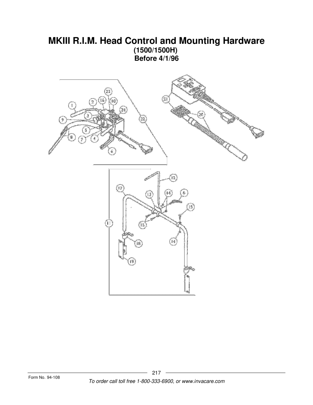 Invacare 5M900, RM900, M3900, 4M900 manual Mkiii R.I.M. Head Control and Mounting Hardware, 1500/1500H Before 4/1/96 