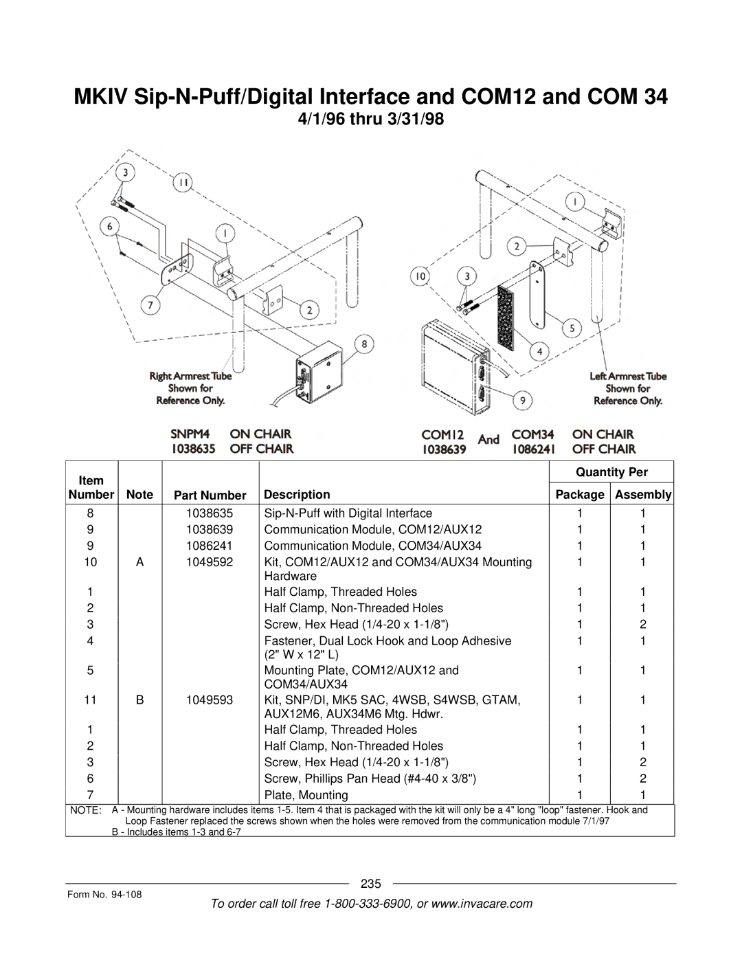 Invacare RM900, M3900, 5M900, 4M900 manual Mkiv Sip-N-Puff/Digital Interface and COM12 and COM, thru 3/31/98 