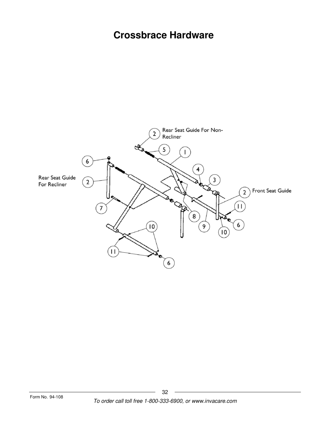 Invacare M3900, RM900, 5M900, 4M900 manual Crossbrace Hardware 