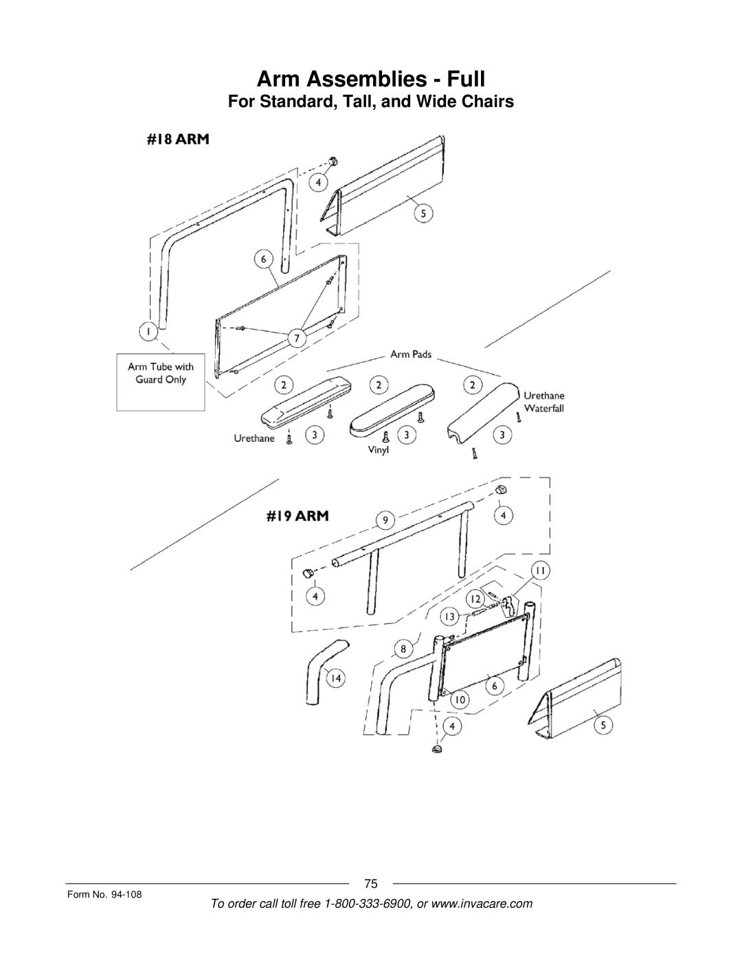 Invacare RM900, M3900, 5M900, 4M900 manual Arm Assemblies Full, For Standard, Tall, and Wide Chairs 