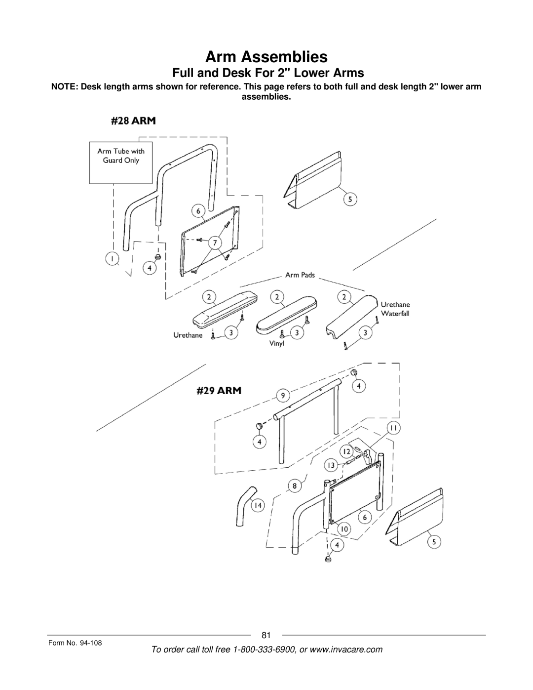 Invacare 5M900, RM900, M3900, 4M900 manual Arm Assemblies, Full and Desk For 2 Lower Arms 