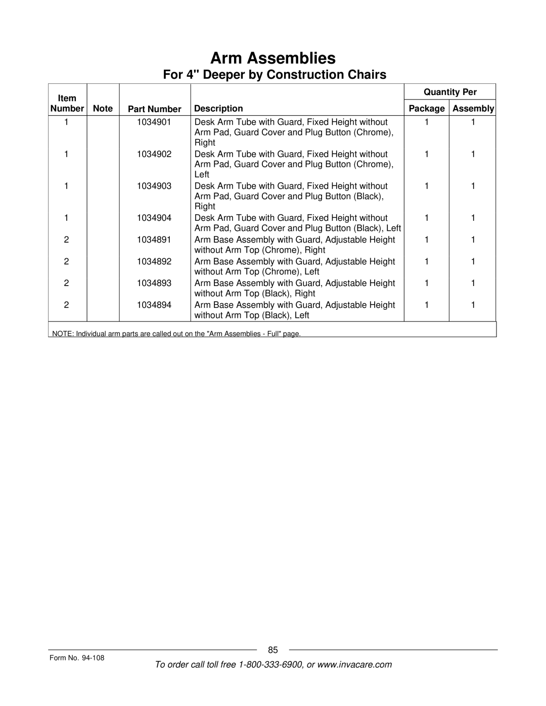 Invacare 5M900, RM900, M3900, 4M900 manual Quantity Per Number Part Number Description Package Assembly 