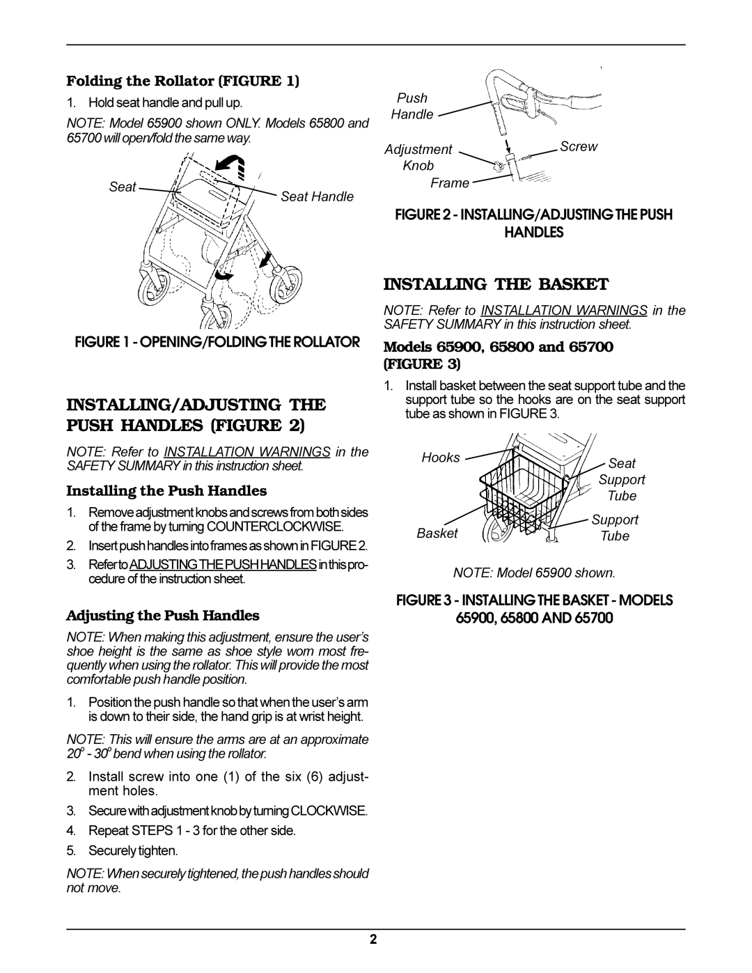 Invacare Rollator operating instructions Installing the Basket, INSTALLING/ADJUSTING the Push Handles Figure 