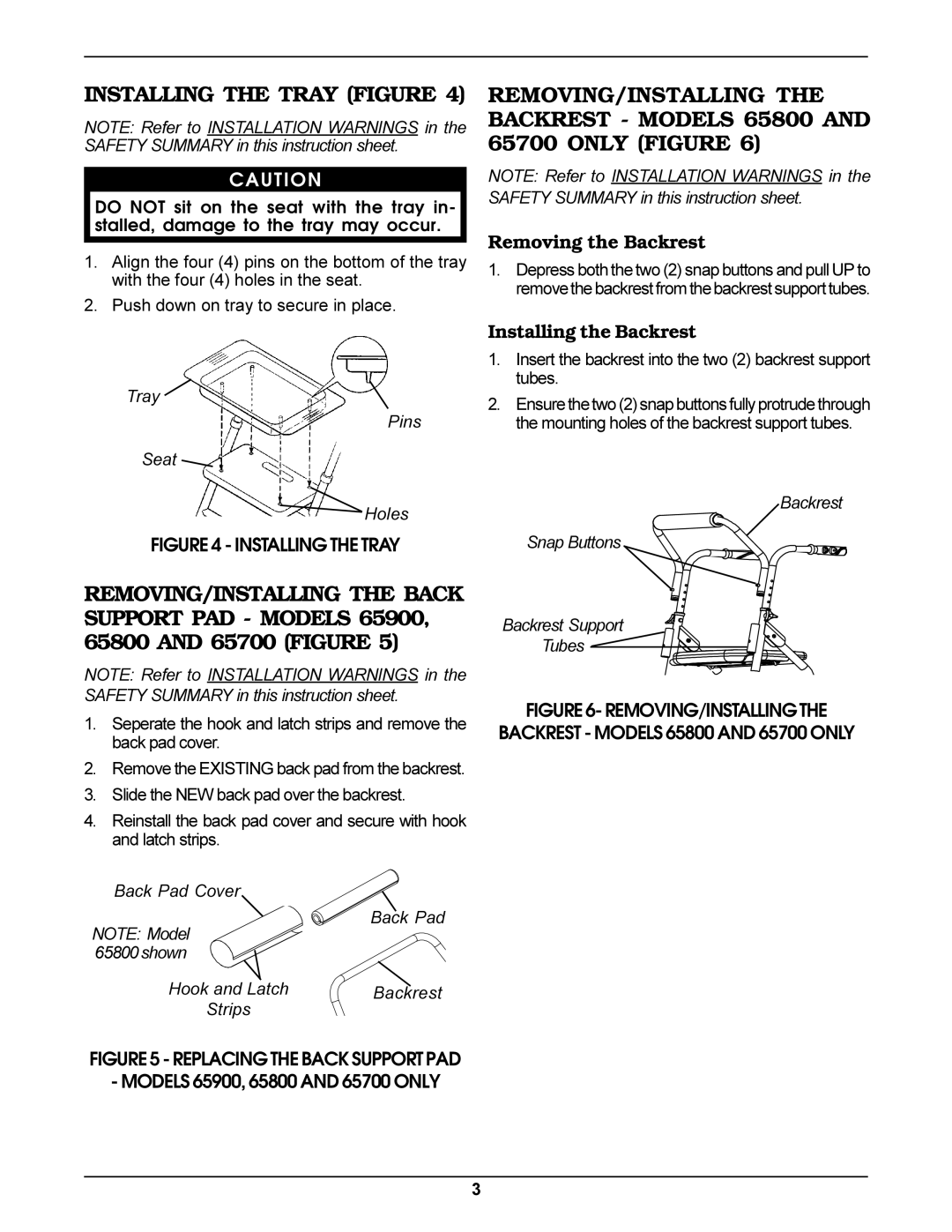 Invacare Rollator operating instructions Installing the Tray Figure, Removing the Backrest, Installing the Backrest 