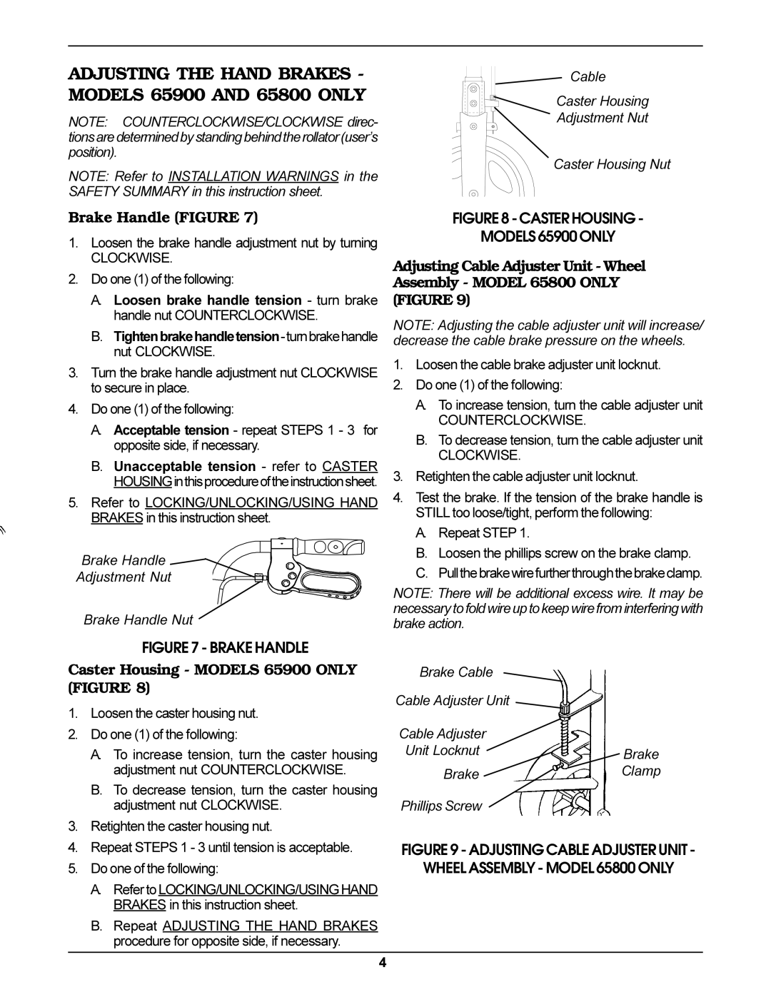 Invacare Rollator operating instructions Adjusting the Hand Brakes Models 65900 and 65800 only, Brake Handle Figure 