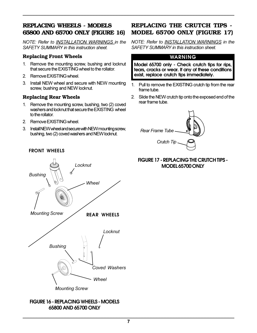 Invacare Rollator operating instructions Replacing Front Wheels, Replacing Rear Wheels 